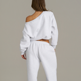 Boxy Adjustable Off-Shoulder Crewneck - White Marle