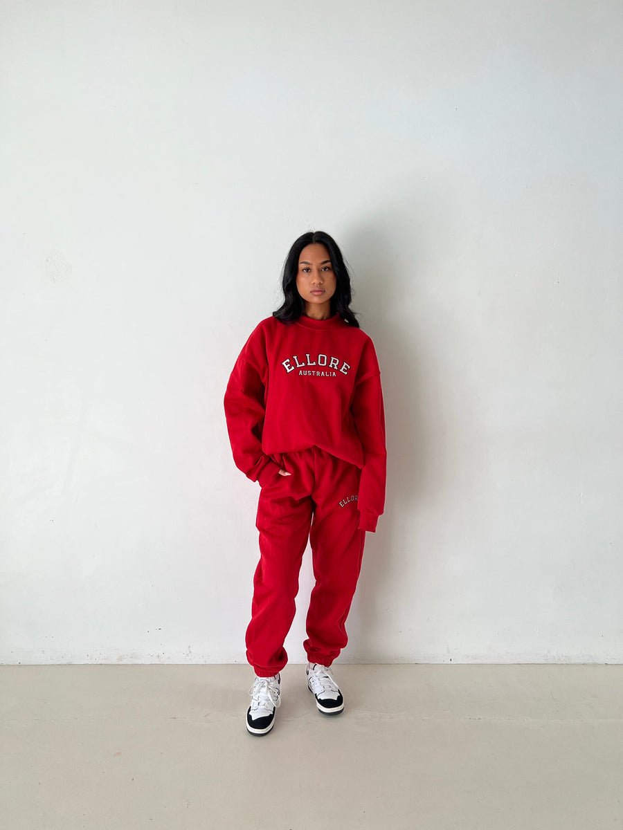 Red Embroidered Boxy Oversized Crew