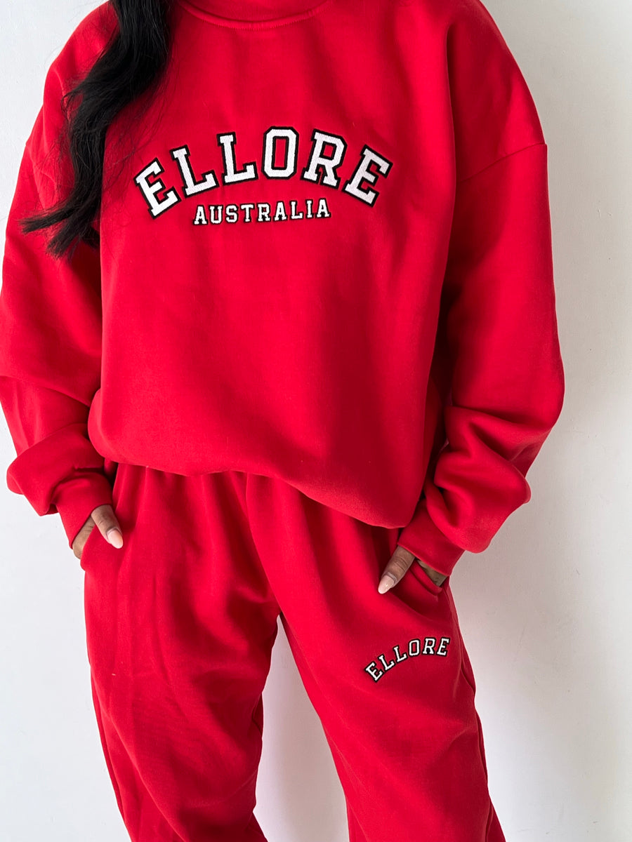 Red Embroidered Oversized Crew