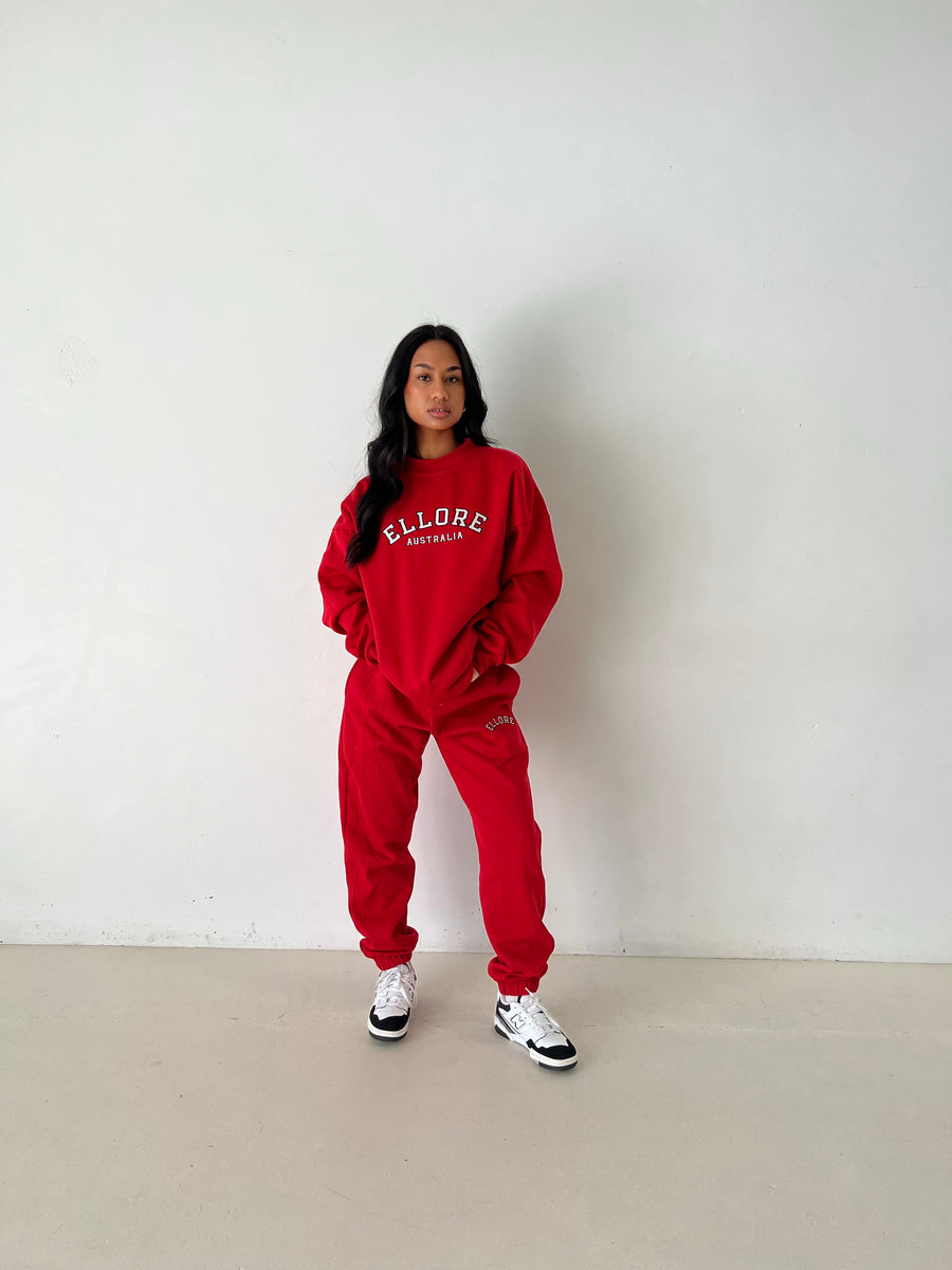 Red Embroidered Oversized Crew